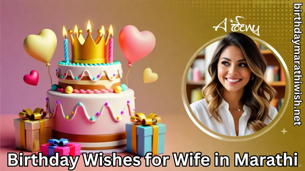 Birthday cake and smiling wife with birthday wishes for wife in marathi text overlay