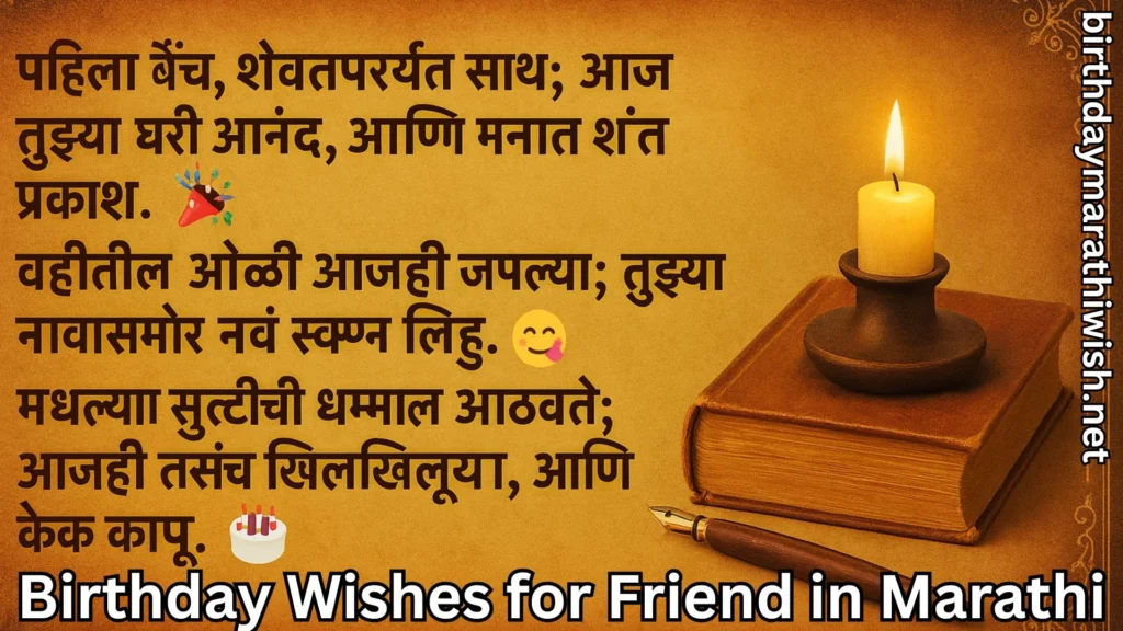 Candle and notebook with nostalgic Marathi birthday wishes for friend