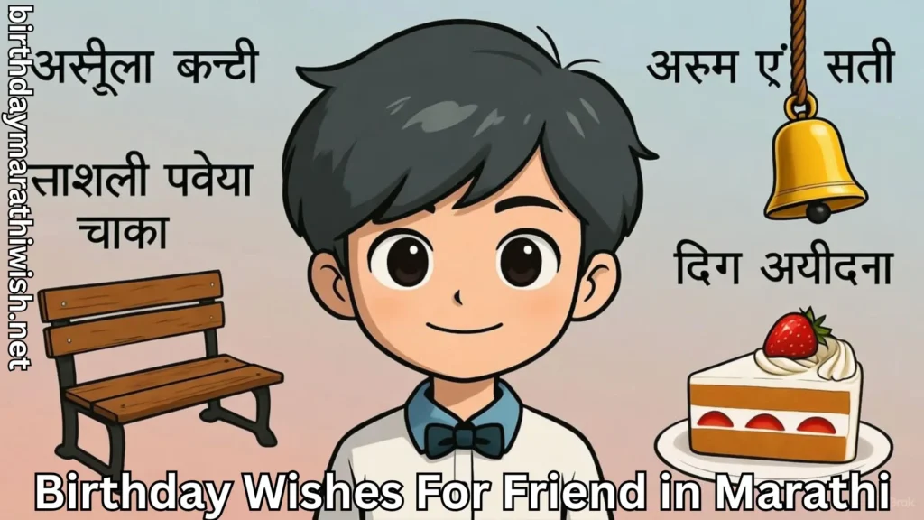 Cartoon boy with cake and bell, Marathi birthday wishes for friend