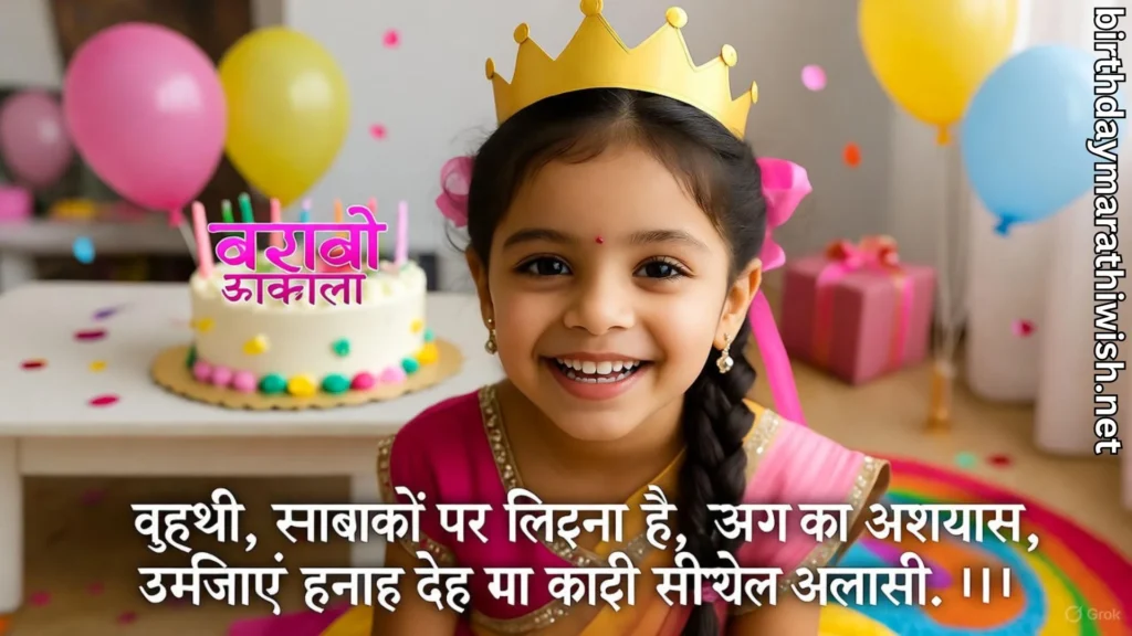 Cute Marathi birthday image for little sister with crown and cake