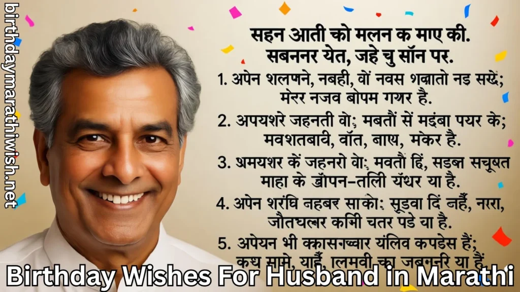 Elder husband smiling with birthday wishes for husband in marathi text overlay
