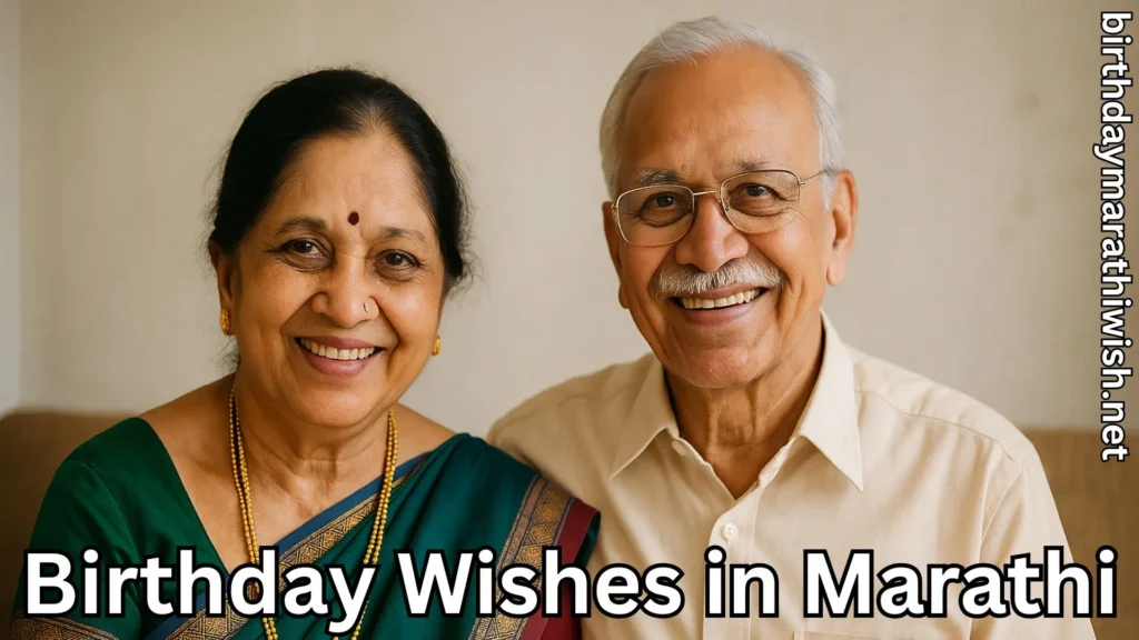 Elderly couple smiling with traditional birthday wishes in marathi text.