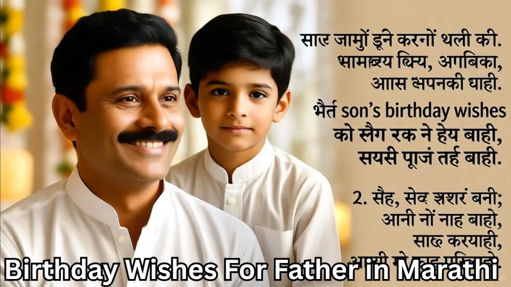 Father and son together with birthday wishes for father in marathi text overlay