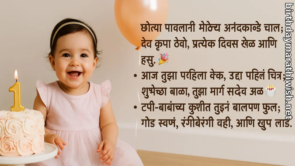 First birthday wishes in Marathi for baby girl with cake and smile.