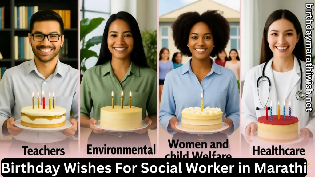 Four social workers holding cakes representing different service fields