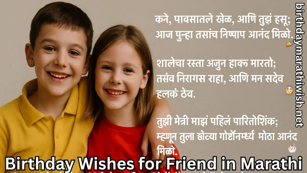 Happy kids sharing joyful birthday wishes for friend in marathi text overlay