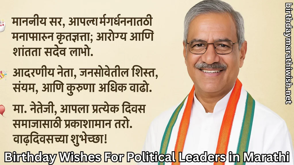 Leader smiling with tricolor scarf and birthday wishes for political leader in marathi text