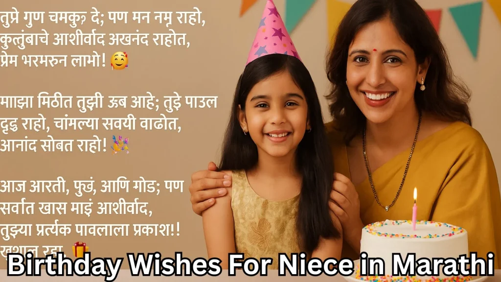 Mother and daughter celebrating birthday with cake and Marathi wishes