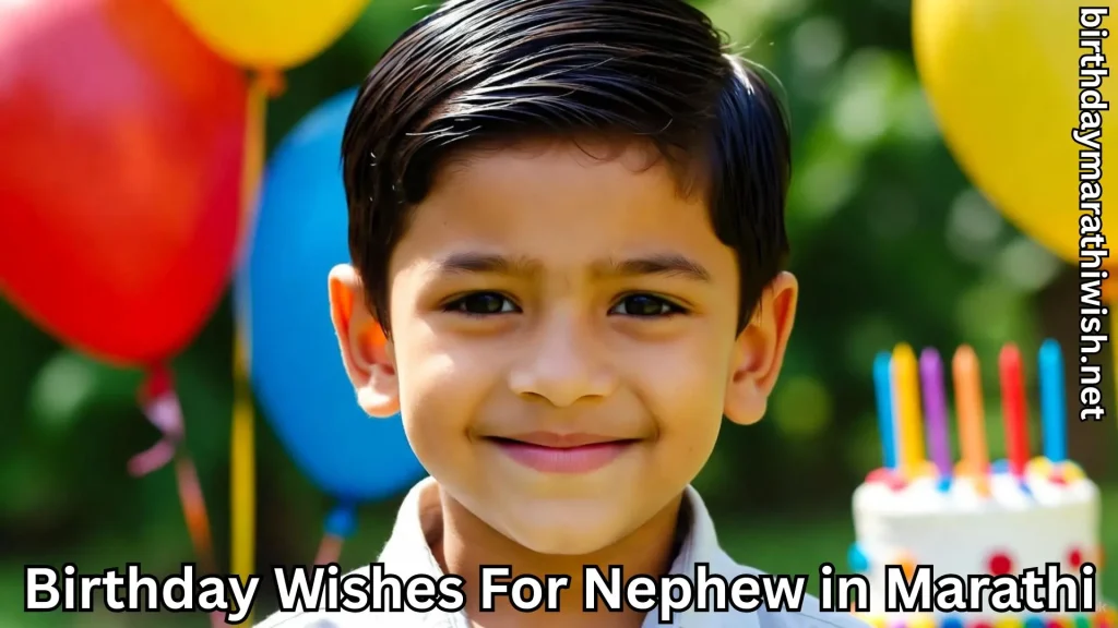Smiling boy with balloons and cake in Marathi birthday setting