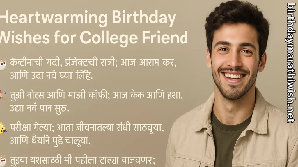 Smiling college friend with birthday wishes for friend in marathi text overlay