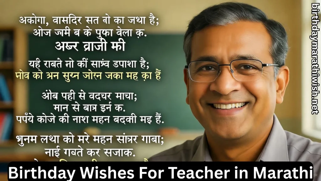 Smiling male teacher with Marathi birthday wishes on green board background
