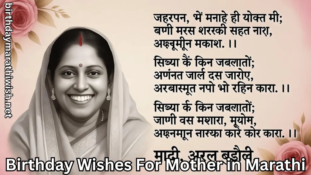 Smiling mother portrait with birthday wishes for mother in marathi text overlay