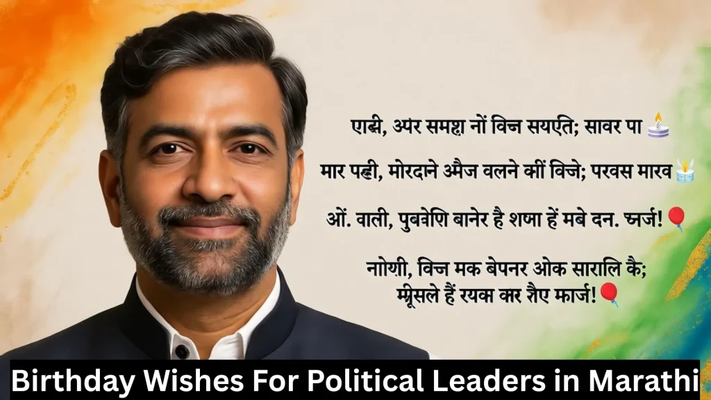 Smiling politician with Marathi birthday quote on orange background