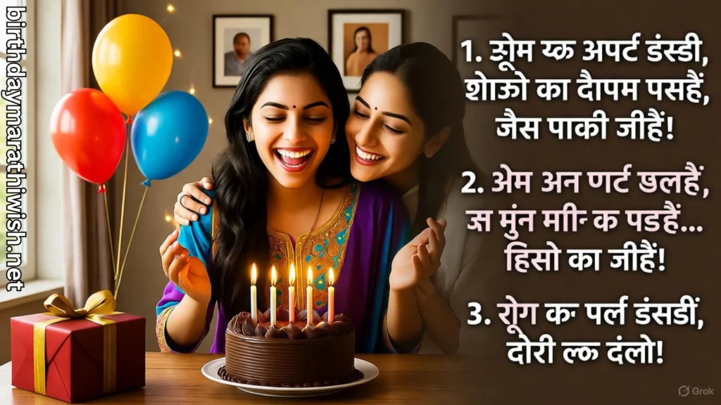 Smiling sisters with birthday cake and funny Marathi wishes