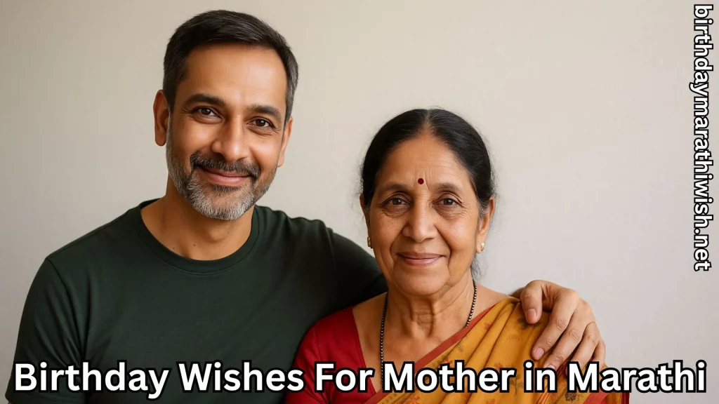 Son and mother together with birthday wishes for mother in marathi text overlay