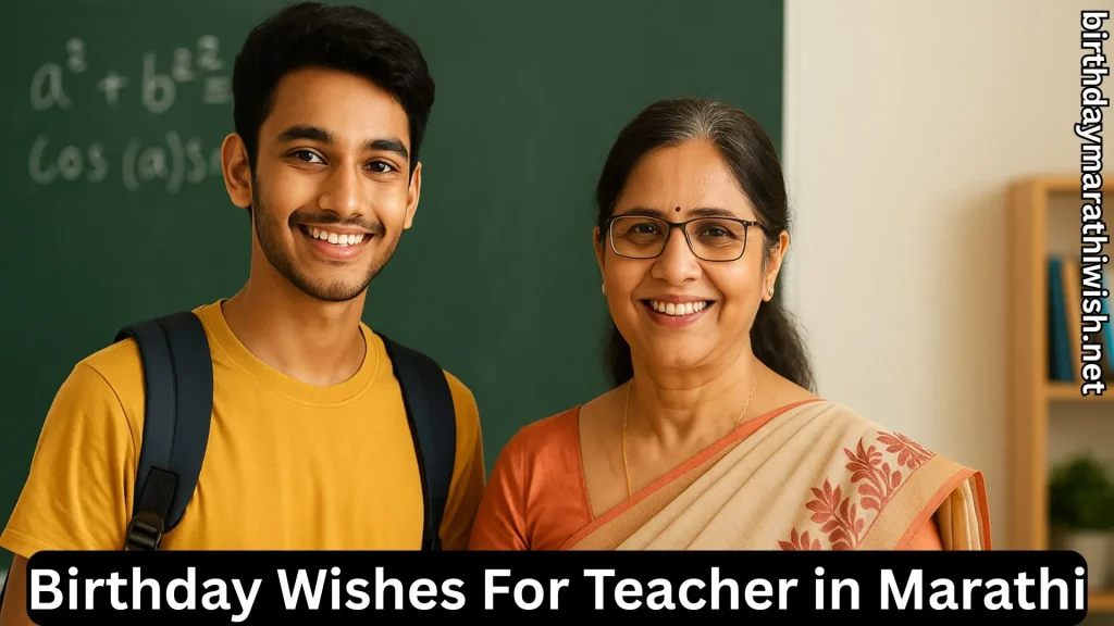 Student and female teacher smiling in classroom on teacher’s birthday