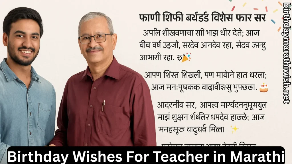 Student with elderly teacher and birthday wishes for teacher in marathi text overlay