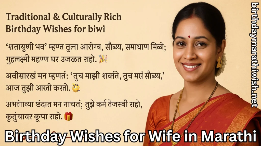 Traditional Marathi woman smiling with cultural birthday wishes text