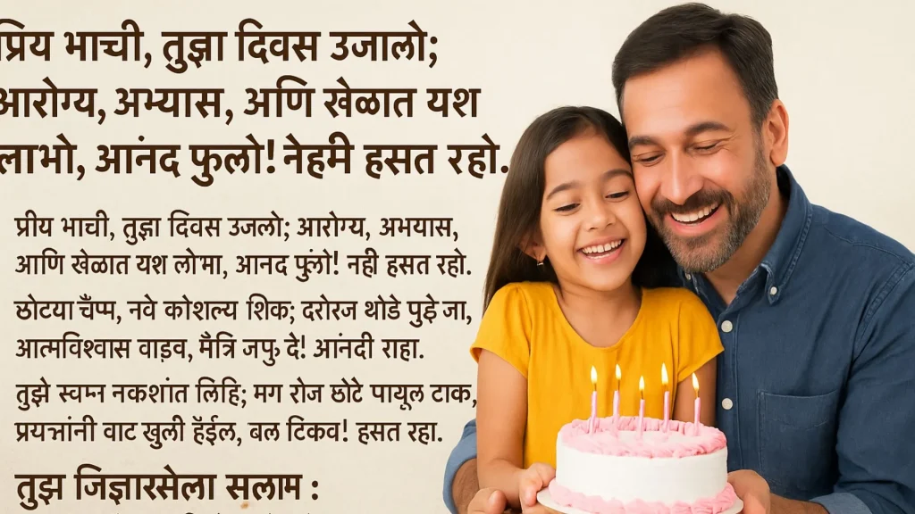 Uncle and niece smiling with birthday wishes for niece in marathi text overlay