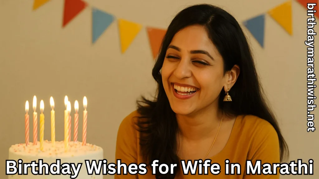 Woman celebrating birthday with birthday wishes for wife in marathi text overlay