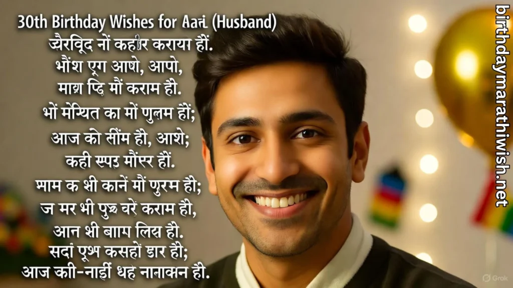 Young husband smiling with Marathi 30th birthday wishes background
