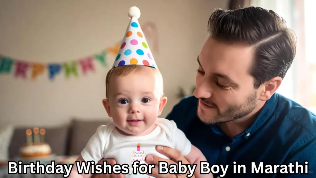Father holding baby boy in party hat on first birthday