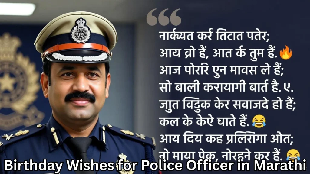 Police officer smiling in uniform with Marathi birthday wishes text on the side. 