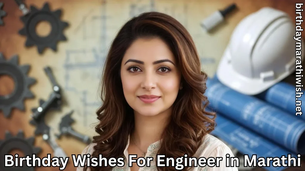 Smiling woman with gears, blueprints, and hard hat, captioned Birthday Wishes For Engineer in Marathi on the image.