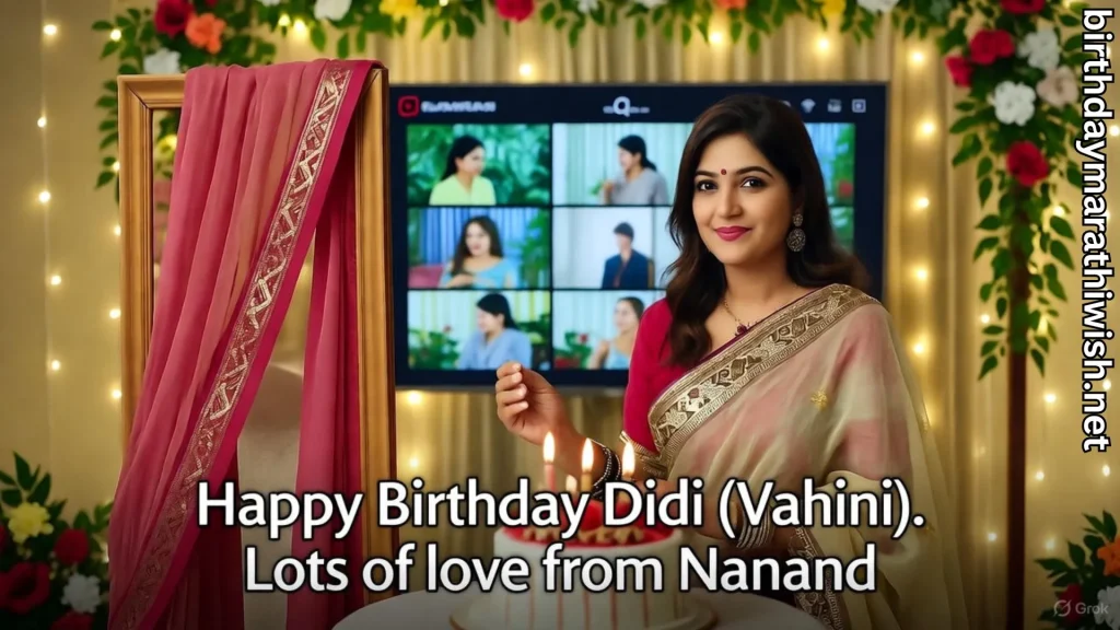 Woman celebrating birthday online with lights and cake