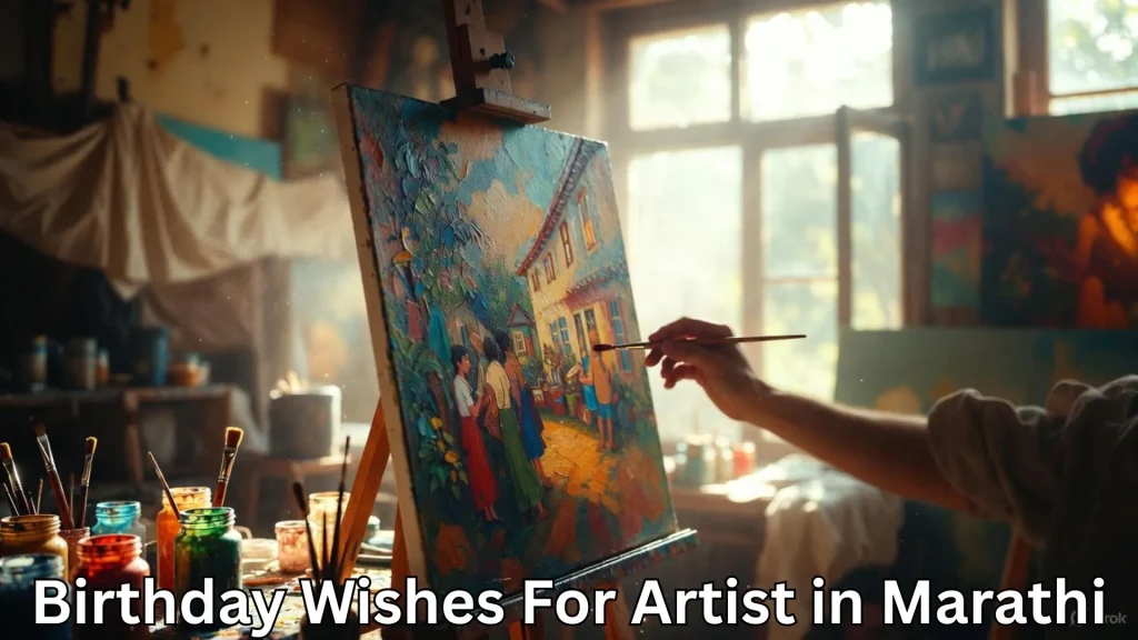Artist painting in sunlit studio, colorful paints, birthday wishes in Marathi