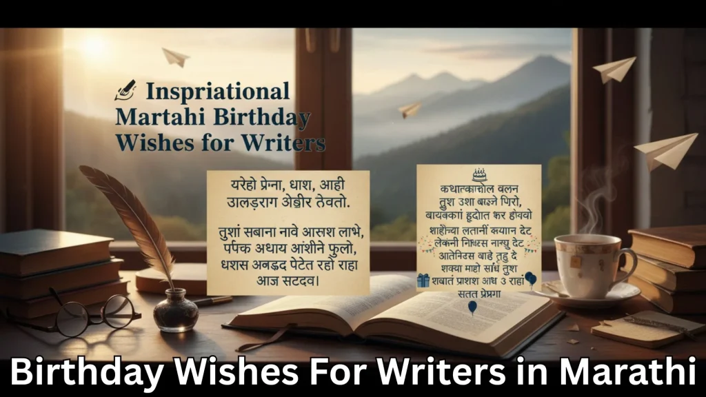 Books, quill, and paper planes by window, Marathi birthday wishes for writers