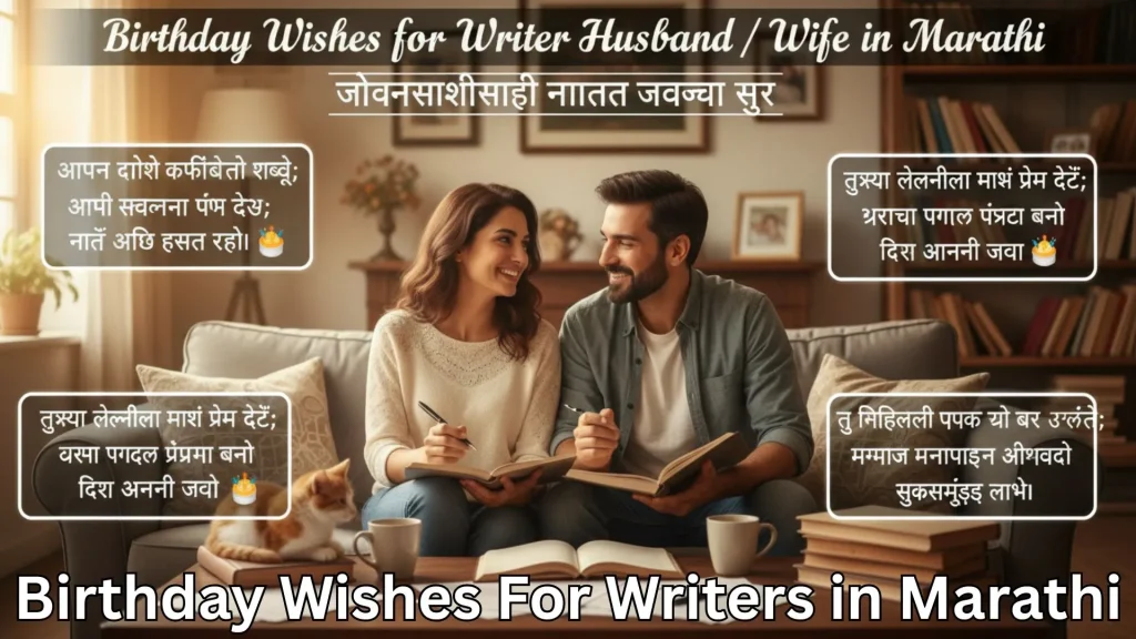 Couple writing on sofa with books and cat, birthday wishes for writers in marathi text overlay