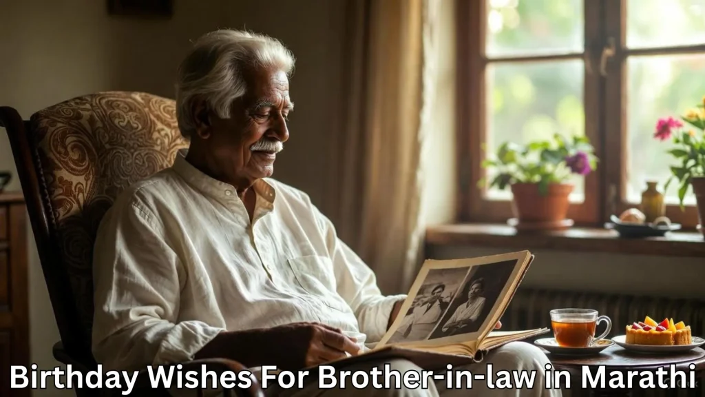 Elderly man smiling at old photos with tea and cake