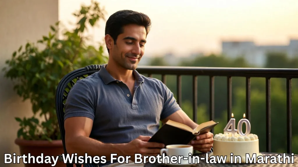 Man on balcony with cake and candles, birthday wishes for brother-in-law in Marathi text overlay.