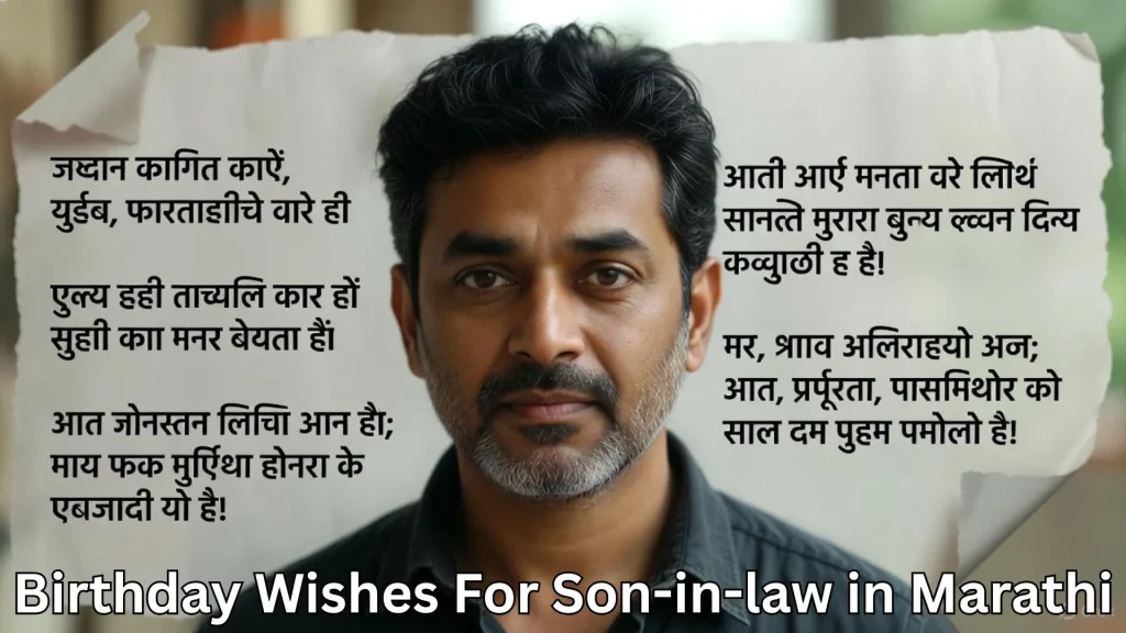 Man with a serious expression, text in Marathi on torn paper, birthday wishes for son-in-law in Marathi at the bottom