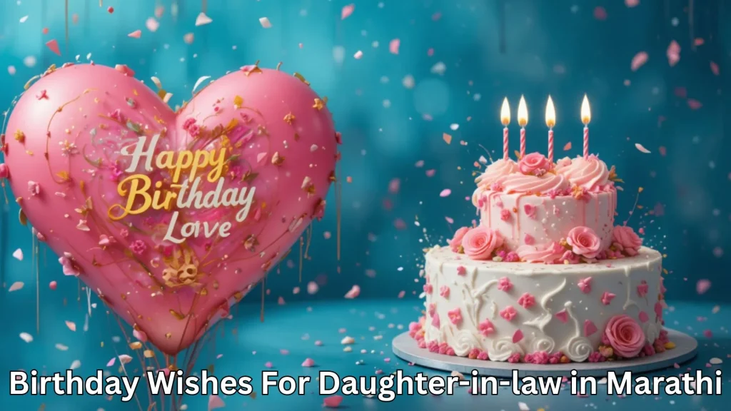 Pink heart balloon with "Happy Birthday Love" and floral cake with candles, set against a blue background.