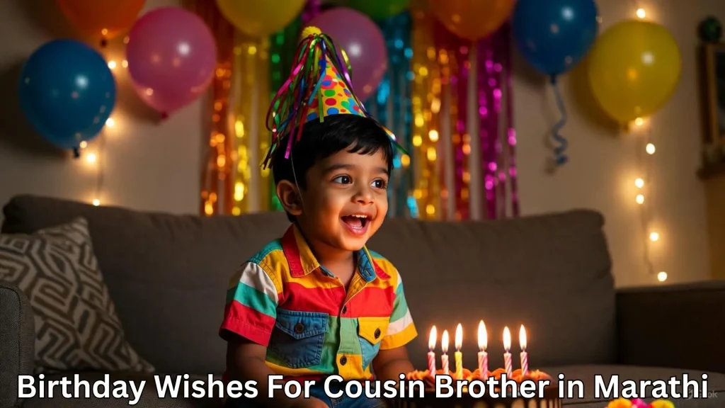Smiling boy in colorful shirt with birthday wishes for cousin brother in marathi text overlay.