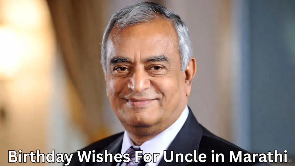 Smiling older man in a suit, text reads Birthday Wishes For Uncle in Marathi in bold, white font at the bottom.