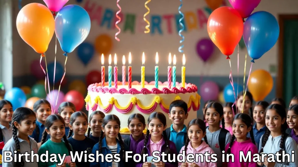Smiling students with balloons and a lit birthday cake