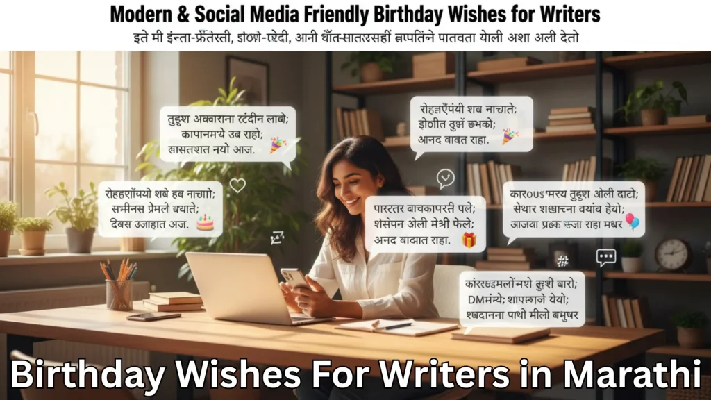 Smiling woman at desk with phone, Marathi birthday wishes for writers