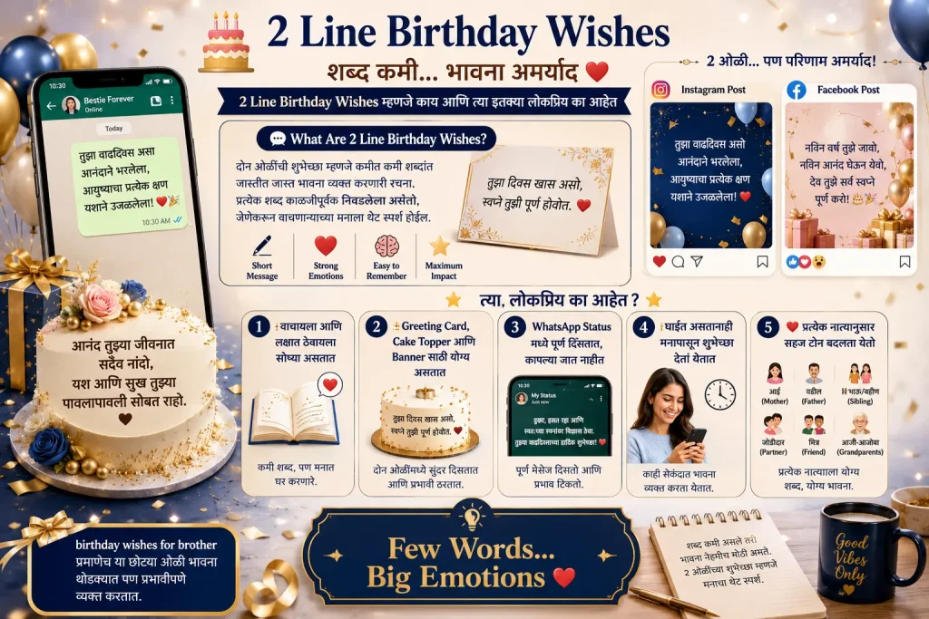 2 Line Birthday Wishes in Marathi for WhatsApp, Cake & Social Media