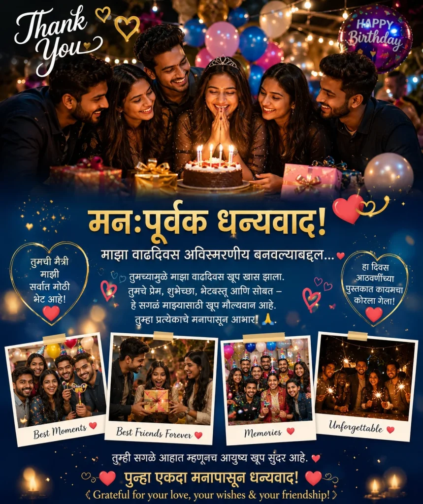 Birthday thank you message for friends in Marathi with cake celebration
