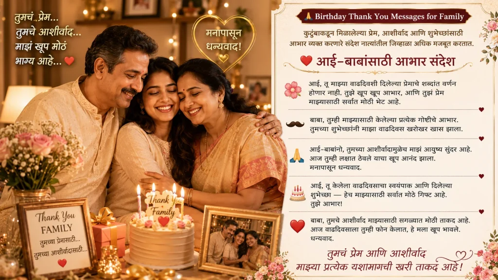 Birthday thank you message for parents in Marathi with family hug