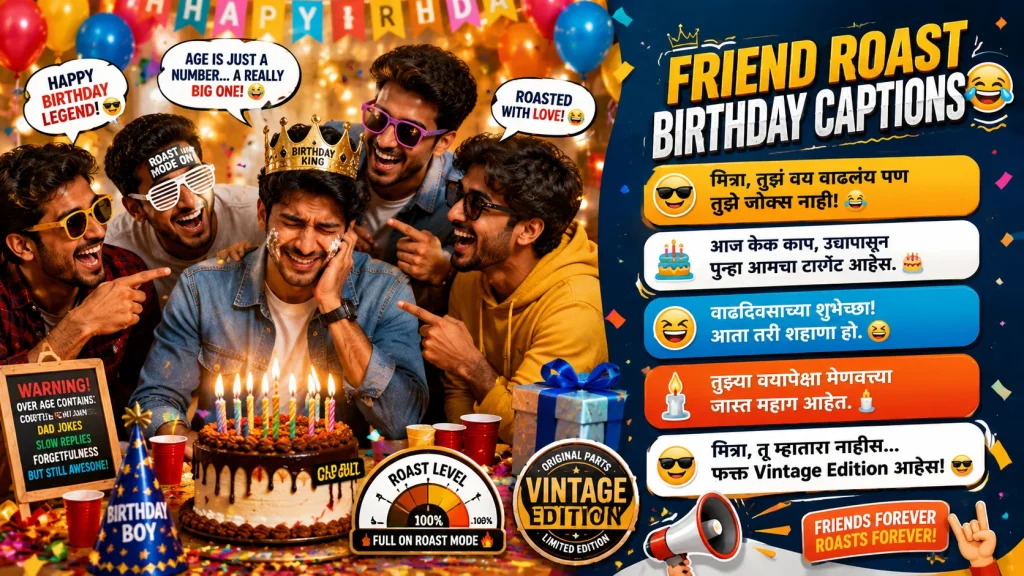 Funny Marathi birthday roast captions with friends, cake and party fun