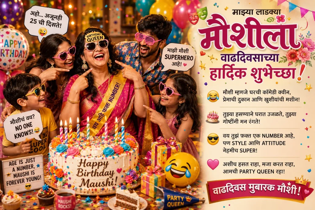 Funny Marathi birthday wishes for Maushi with cake and family party