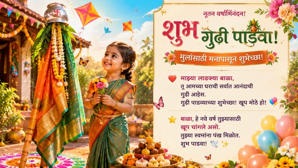 Gudi Padwa wishes for children in Marathi with festive Gudi