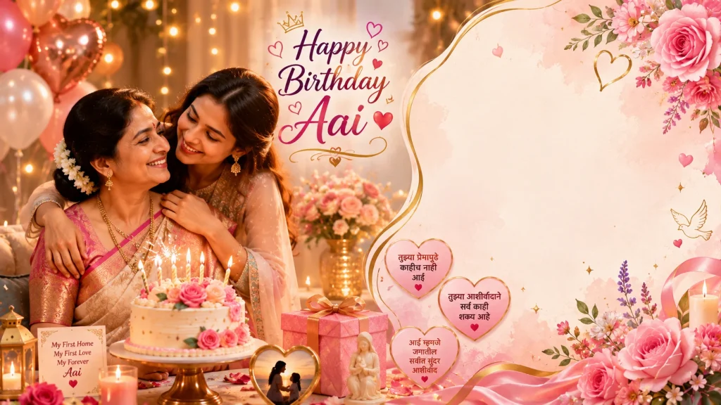 Happy Birthday Aai greeting with mother, daughter and floral decor
