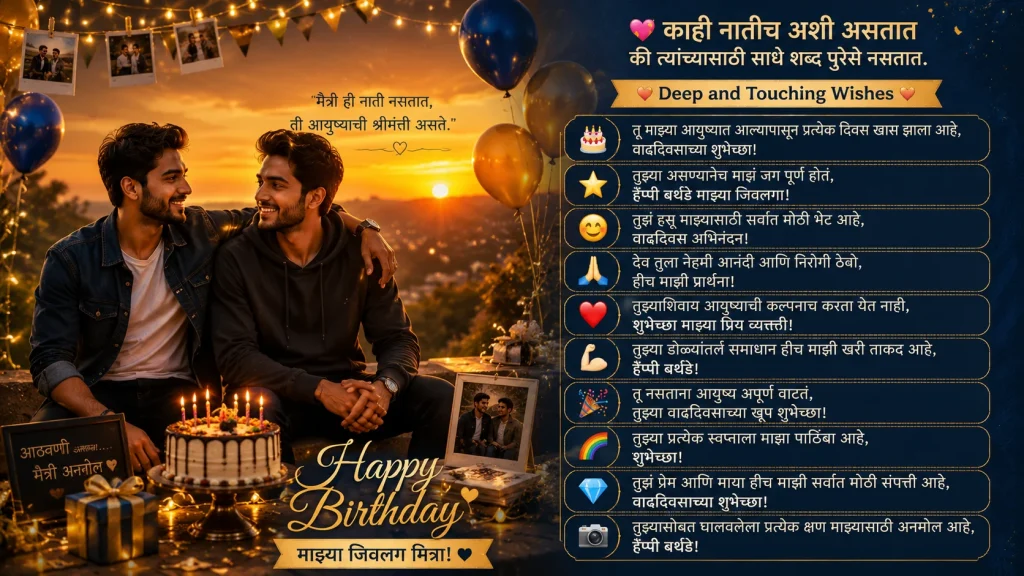 Heart touching Marathi birthday wishes for best friend with celebration scene