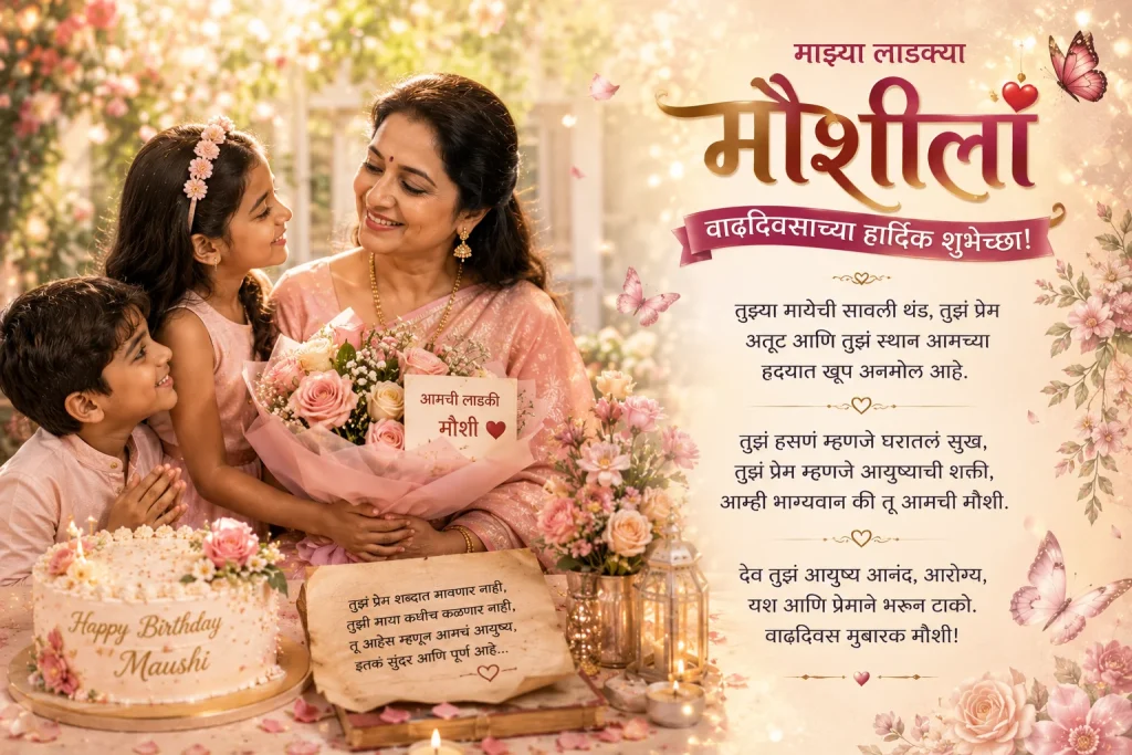 Heartfelt Marathi birthday wishes for Maushi with flowers and family love