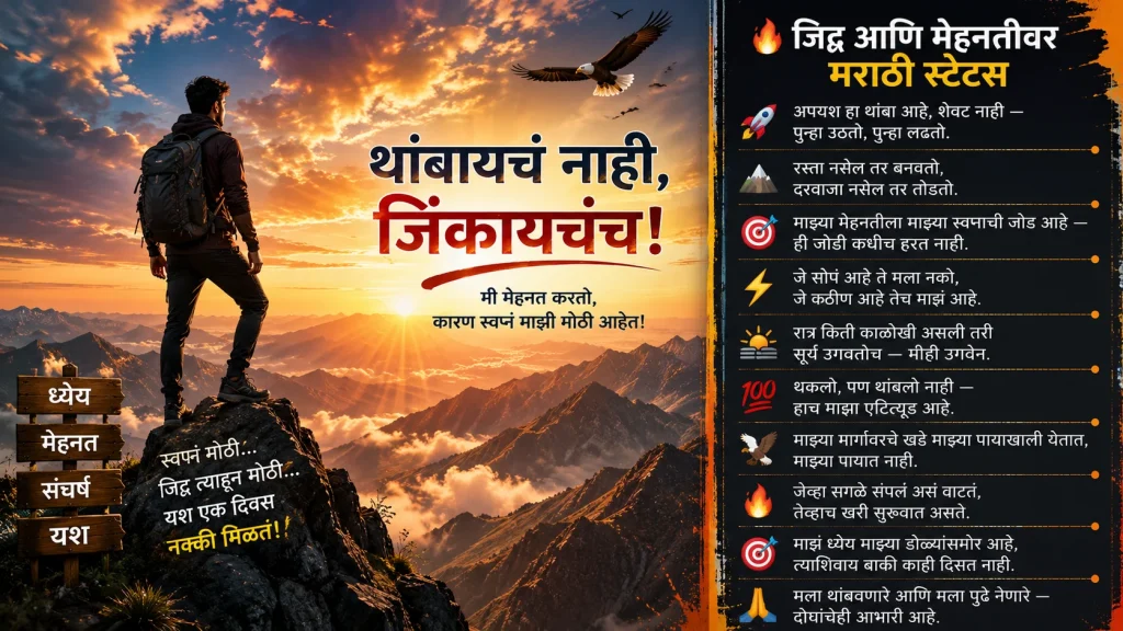 Jidd ani mehnativar Marathi status with man on mountain peak